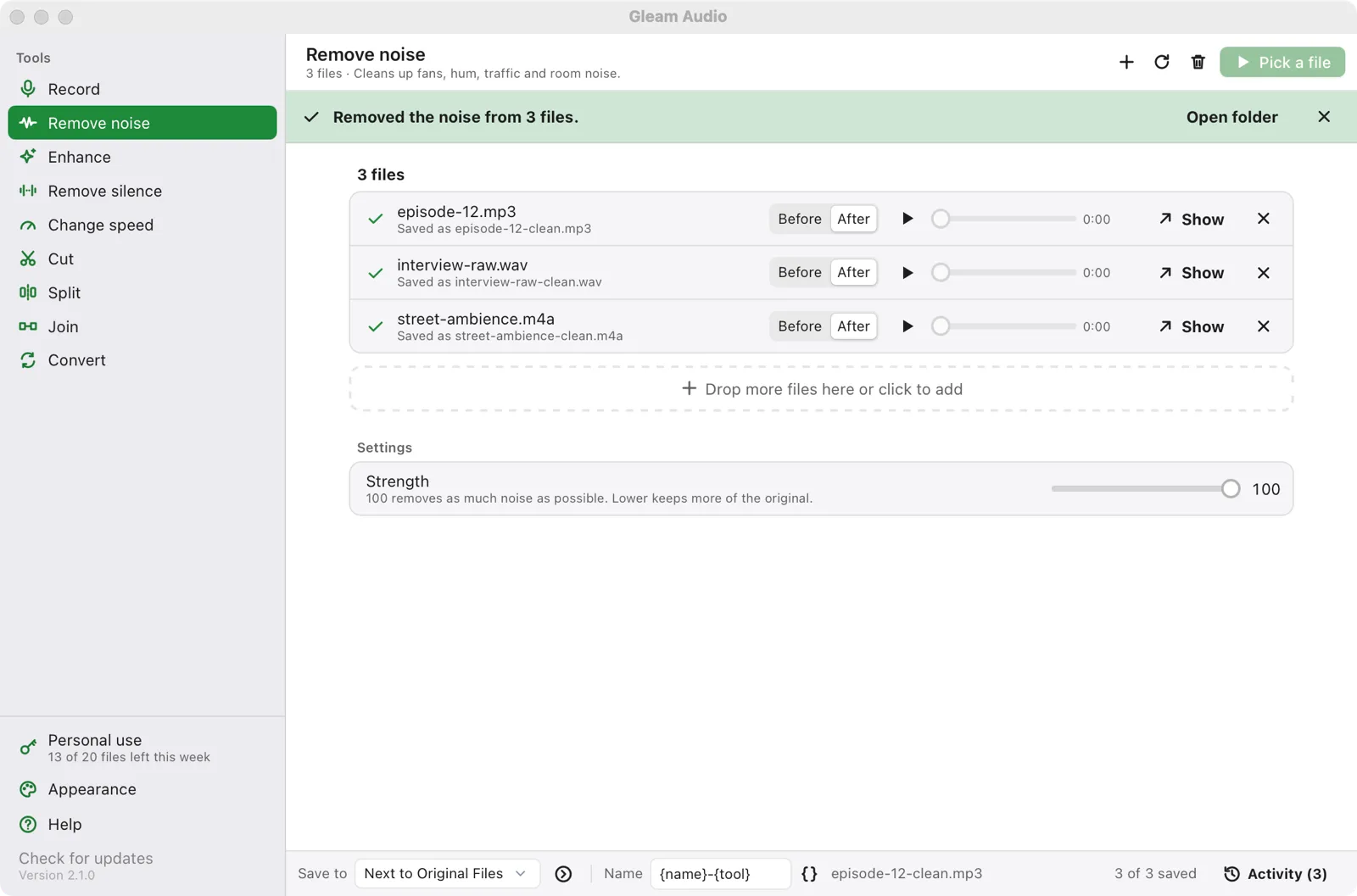Switch between Before and After on each cleaned file