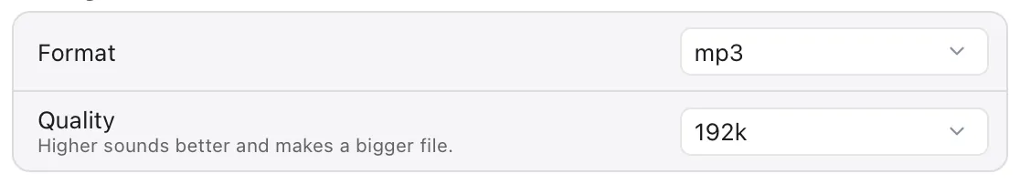 Format set to mp3 and quality to 192k