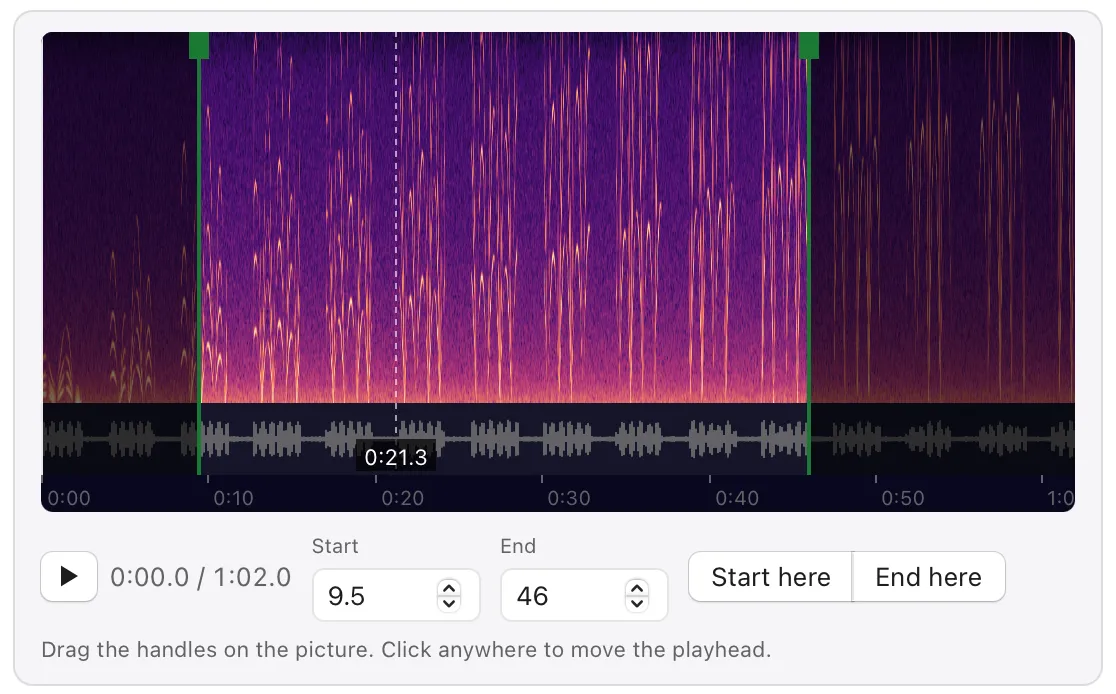 A cut marked from 0:09.5 to 0:46 on a picture of the sound