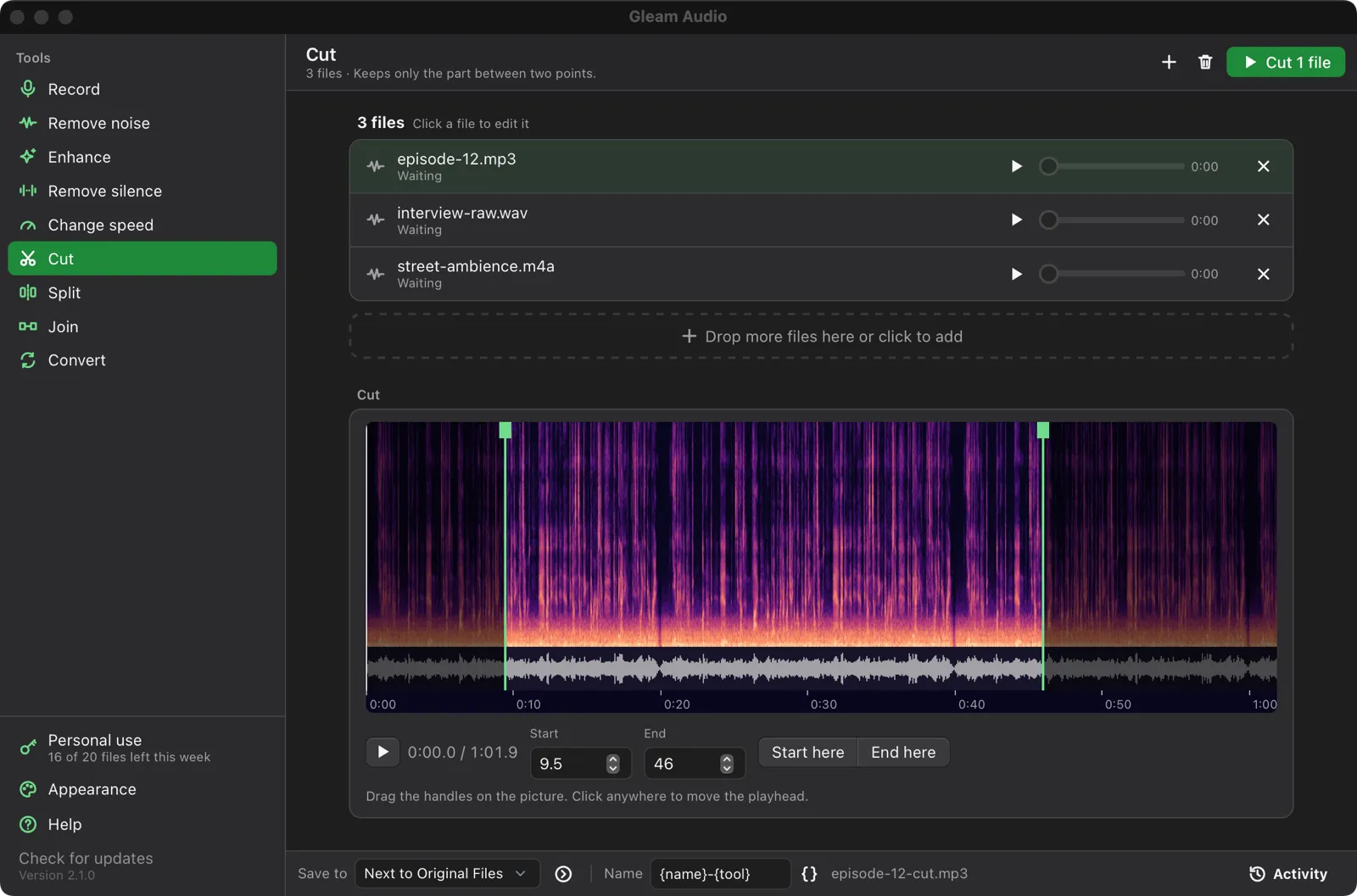Cut with a picture of the sound, in dark