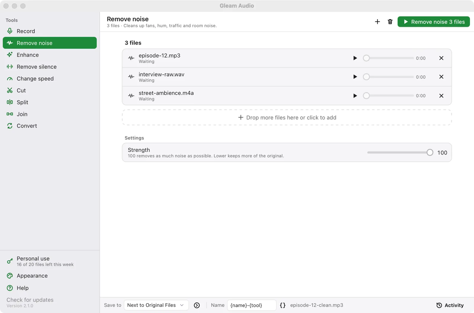 Remove noise from a batch of recordings