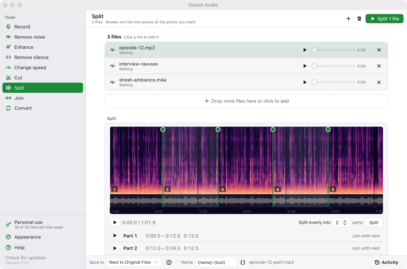 Split one long recording into parts