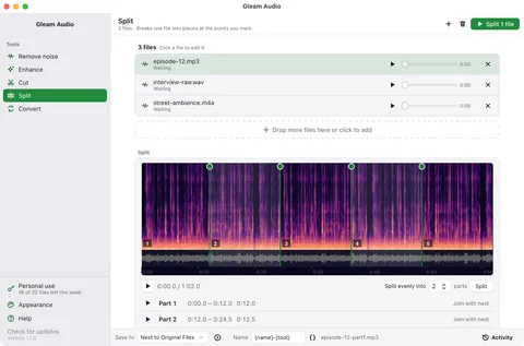 Split one long recording into parts