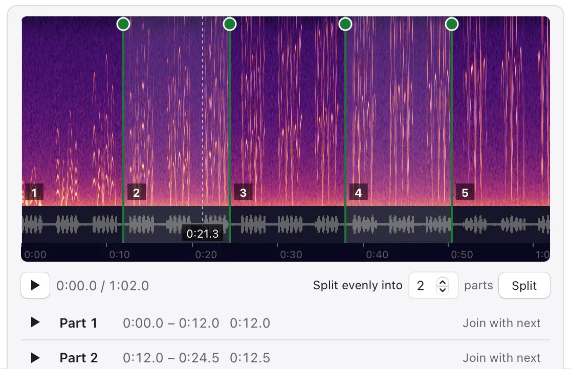 A recording split into five numbered parts, with the list of parts below
